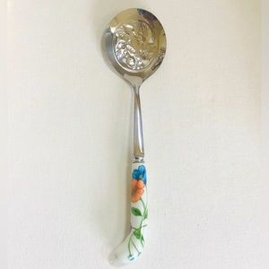 Vintage Sheffield England Dessert Serving Spoon Porcelain Floral Handle W Box
